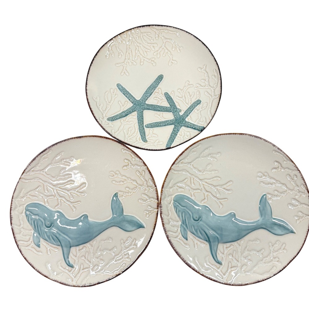 CRACKER BARREL Coastal Whale Starfish Salad Plate Set 3pc Blue Stoneware 8.5"